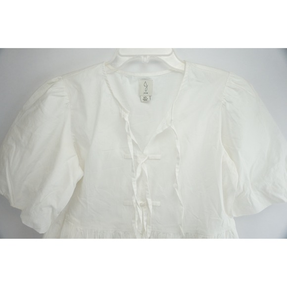 EUC Joie Mini Dress Womens XS White Puff Sleeve Cotton Poplin Tie Neck Babydoll - Picture 2 of 5